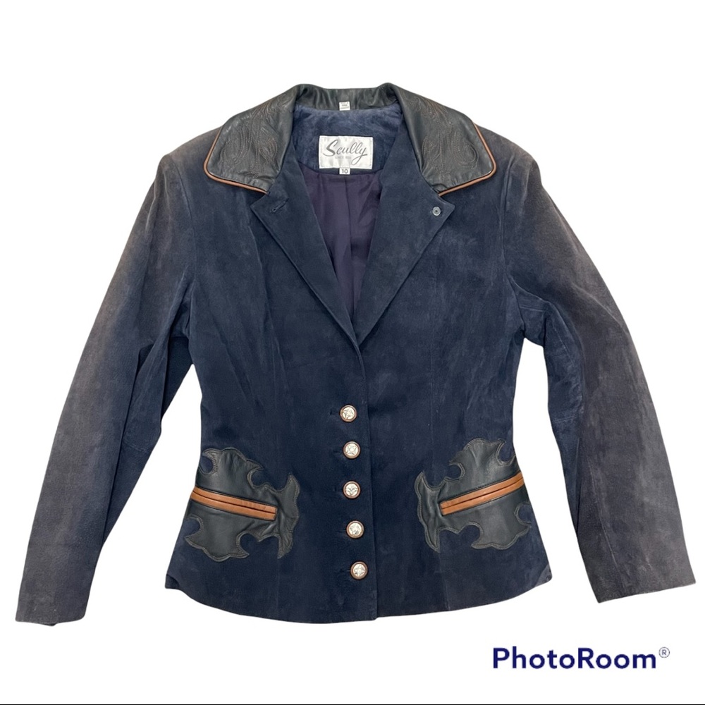 Scully 100% Genuine Leather Navy Button Down Blazer Size 10